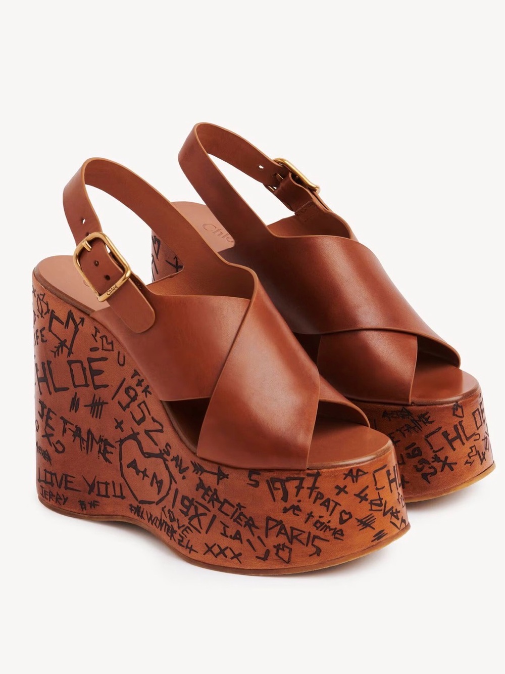 Chloe Brown Leather Graffiti-Print Platform Wedges